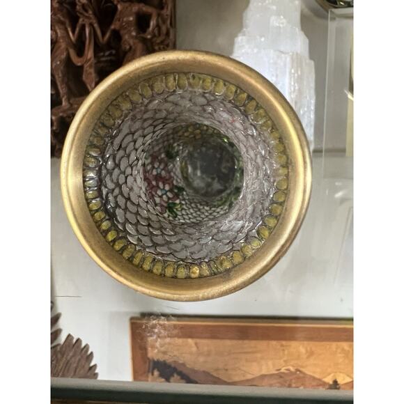 Vintage Chinese Cloisonné Enamel Vase Floral Design Brass Rim Mid Century - Picture 9 of 12